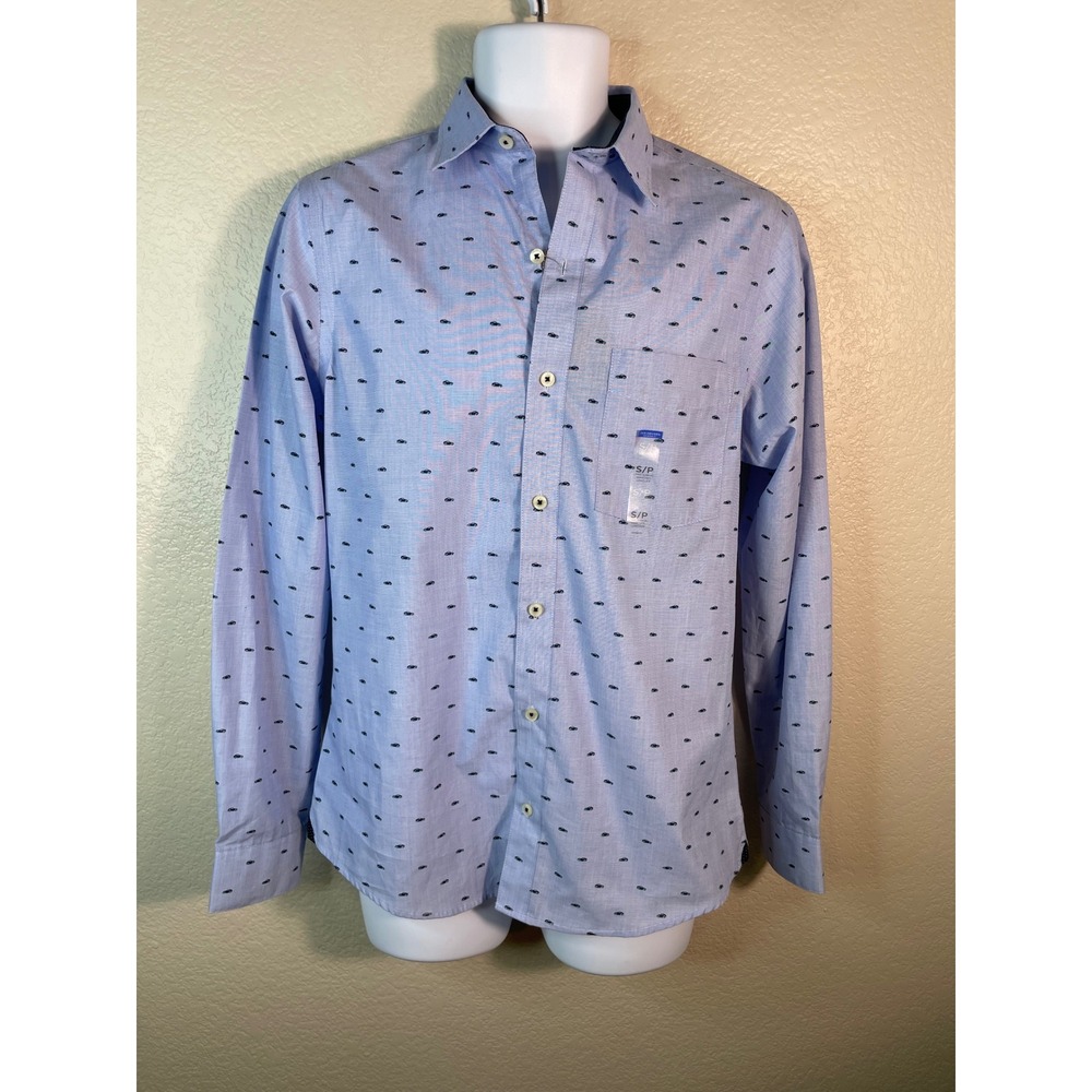 Van Heusen Mens S Button Down Shirt Blue Car Print Slim Fit Wrinkle Free NEW